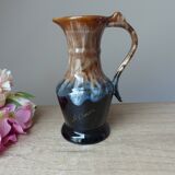 Ancien pichet à vin carafe en grès flammé marron et bleu vintage 1960