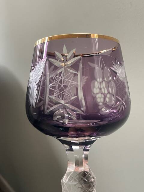 2 large cut and coloured Bohemian crystal glasses