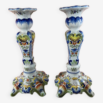 Pair of Desvres earthenware candlesticks