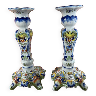 Pair of Desvres earthenware candlesticks