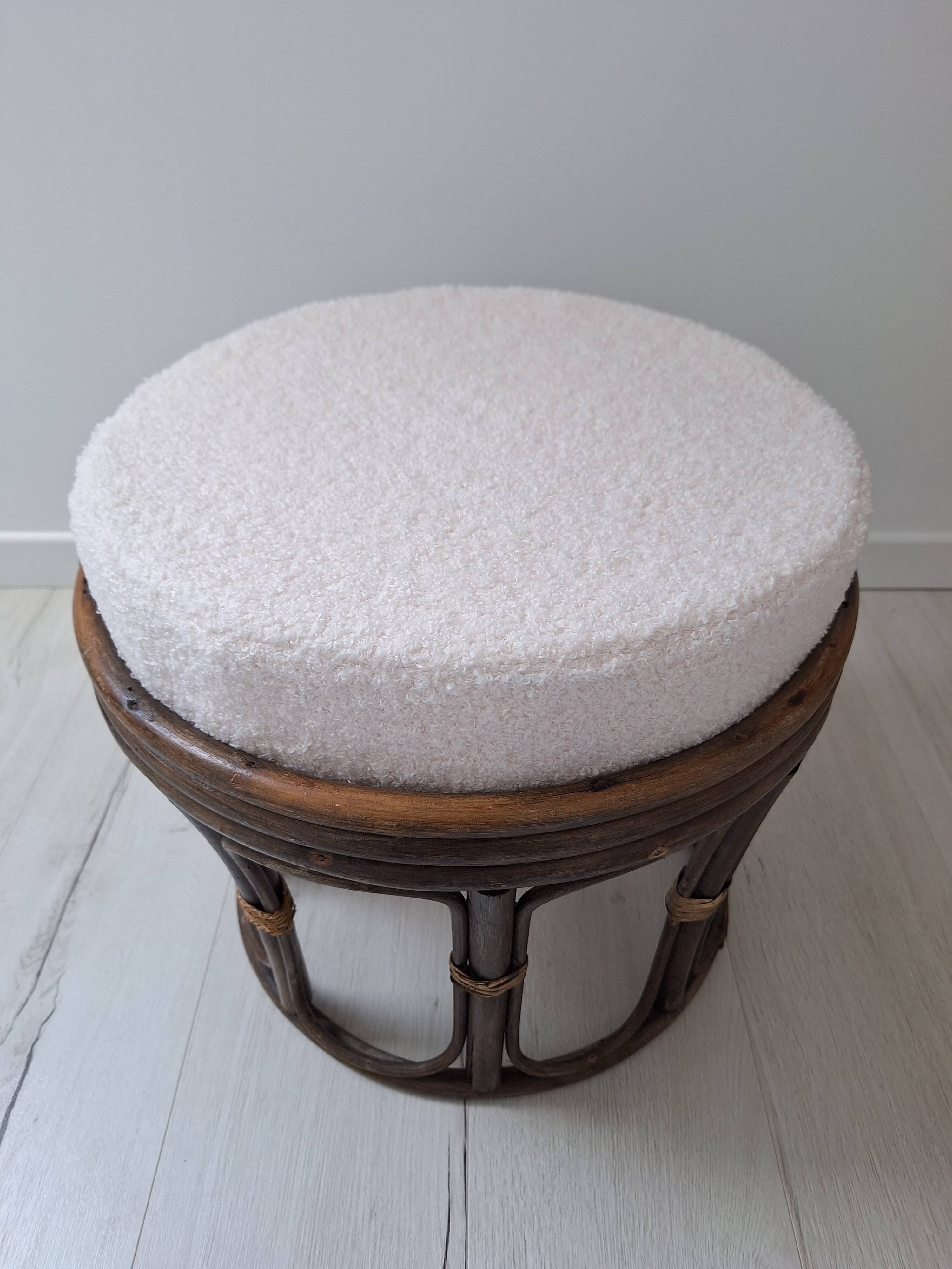 Vintage rattan and French terry fabric pouf