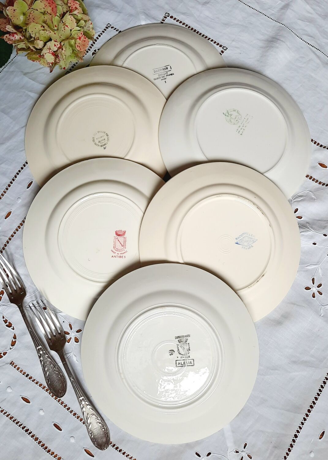 Old flat plates mismatched in earthenware