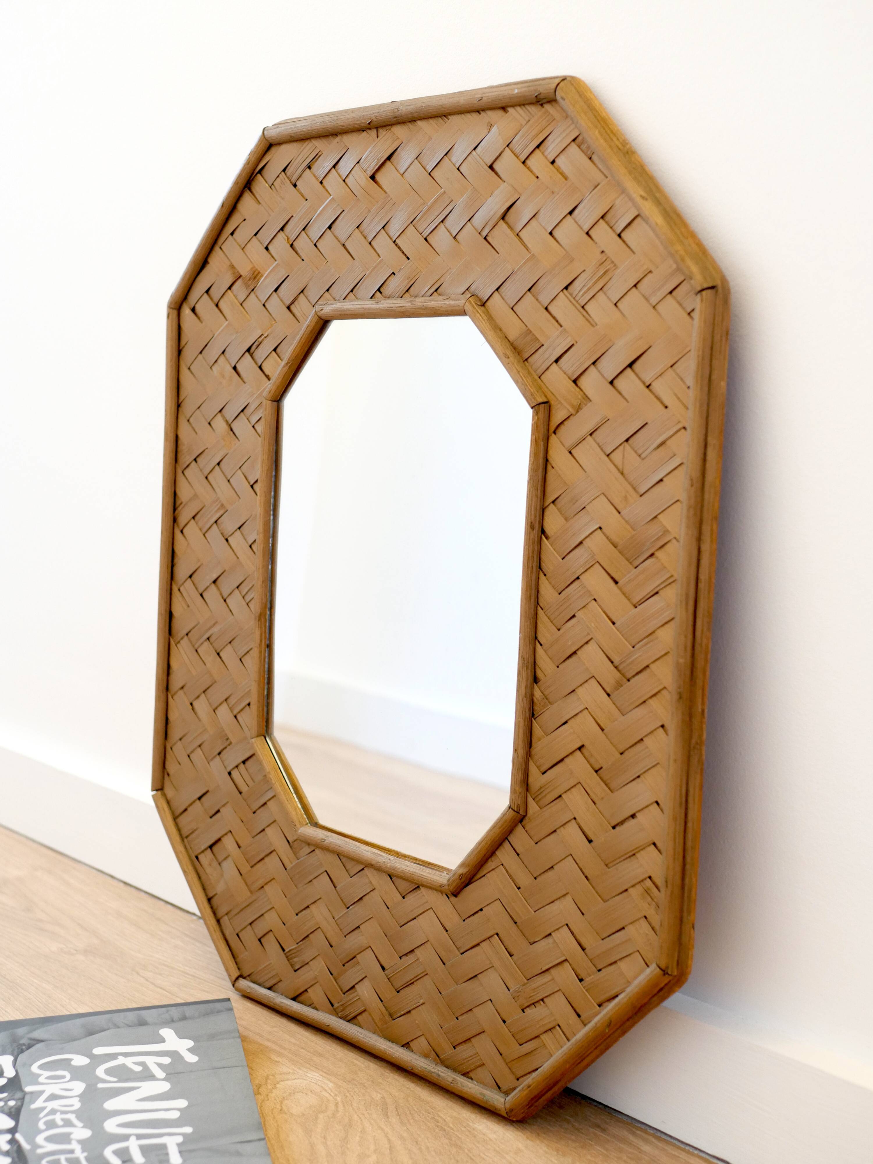 Octagonal mirror in woven bamboo