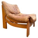 Vintage leather and pine lounge chair by Maison Regain, 1970s