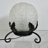 Art Deco lamp in frosted glass and wrought iron In the style of Edgard Brandt, 1930s-40s