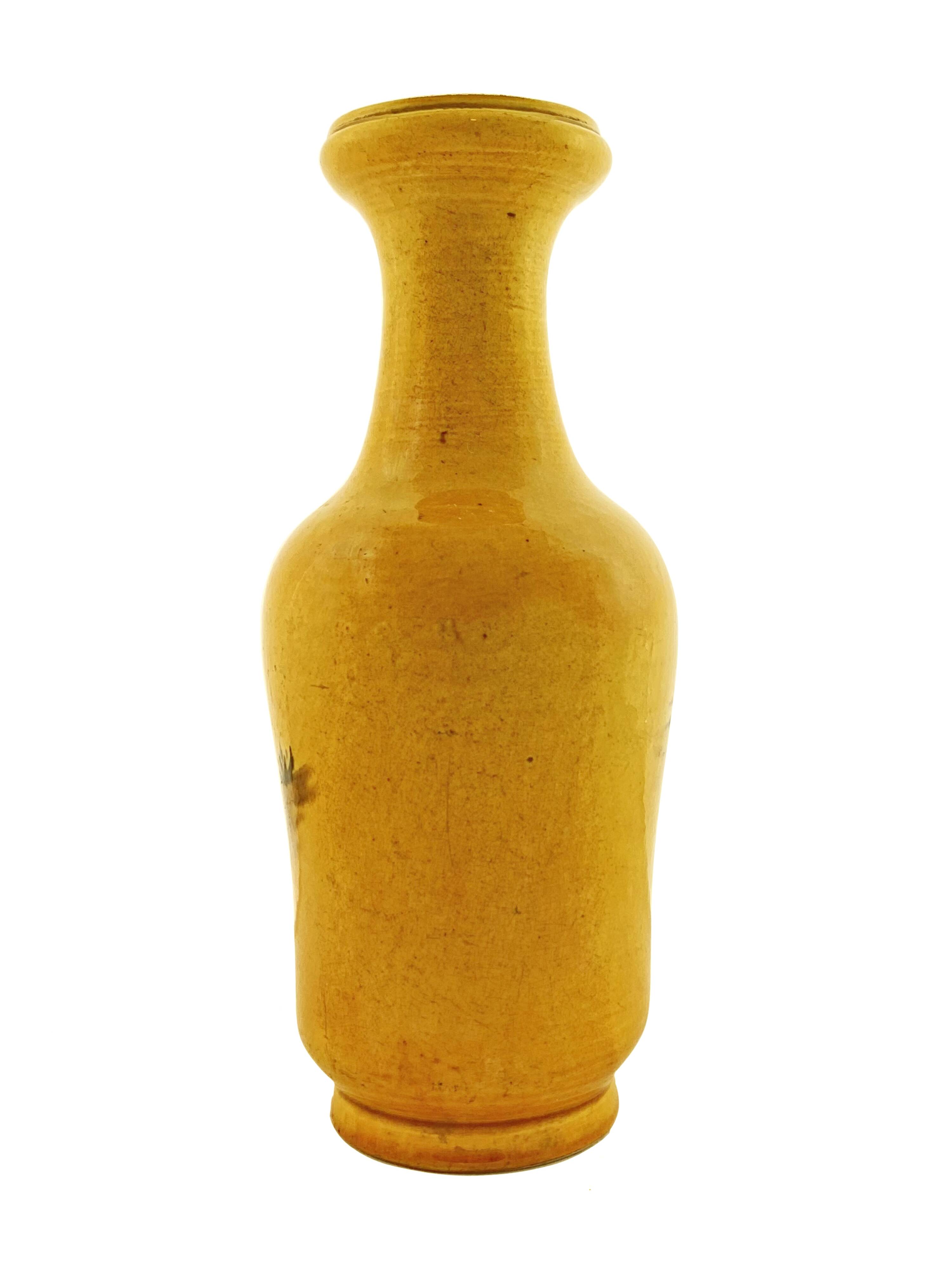 CHINESE HANDMADE YELLOW GLAZED TERRACOTTA VASE, HAND PAINTED