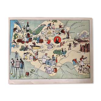Affiche ancienne carte illustrée de la guyenne gironde dordogne lot aveyron 1929 - jp pinchon