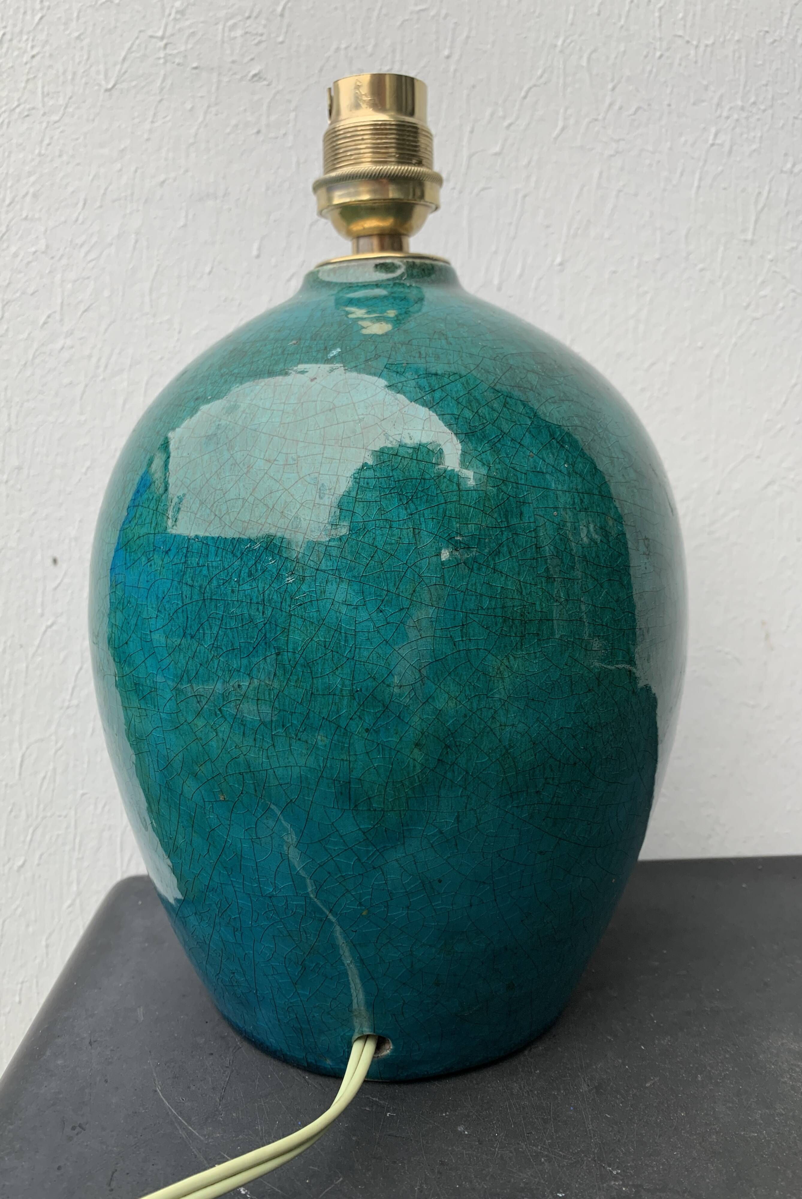 Ball lamp base in cracked ceramic and signed blue green