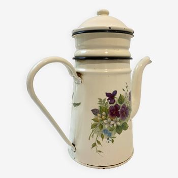 Vintage enameled coffee pot, with filter, cream with design of purple flowers and foliage