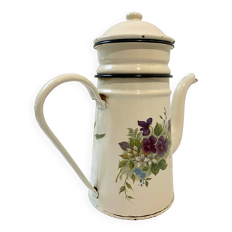 Vintage enameled coffee pot, with filter, cream with design of purple flowers and foliage