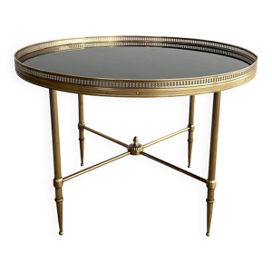 Table basse ronde en laiton et plateau verre laqué noir la Maison Jansen