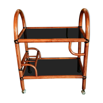 Desserte bambou et verre fumé à roulettes vintage