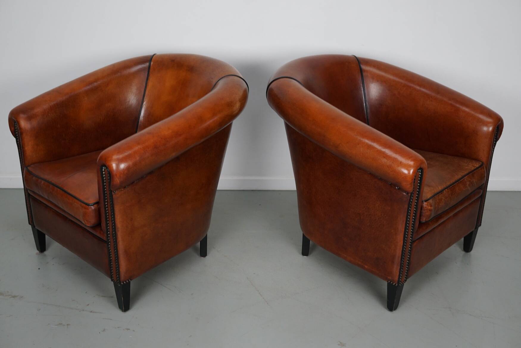 Vintage Dutch Cognac Colored Leather Club Chair, Set of 2