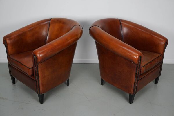 Fauteuil club vintage hollandais en cuir couleur cognac, lot de 2