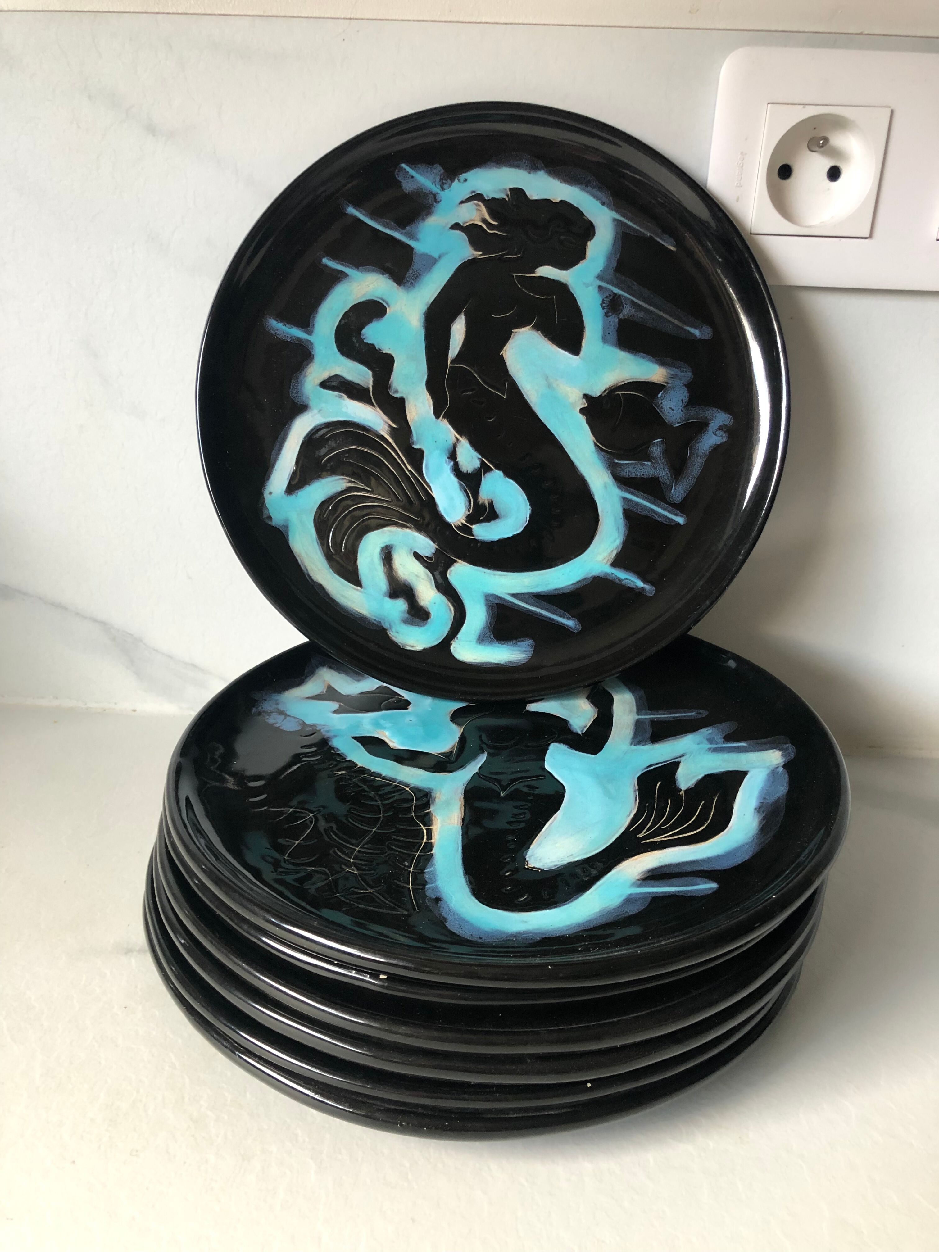 Set of six plates Vallauris the mermaids