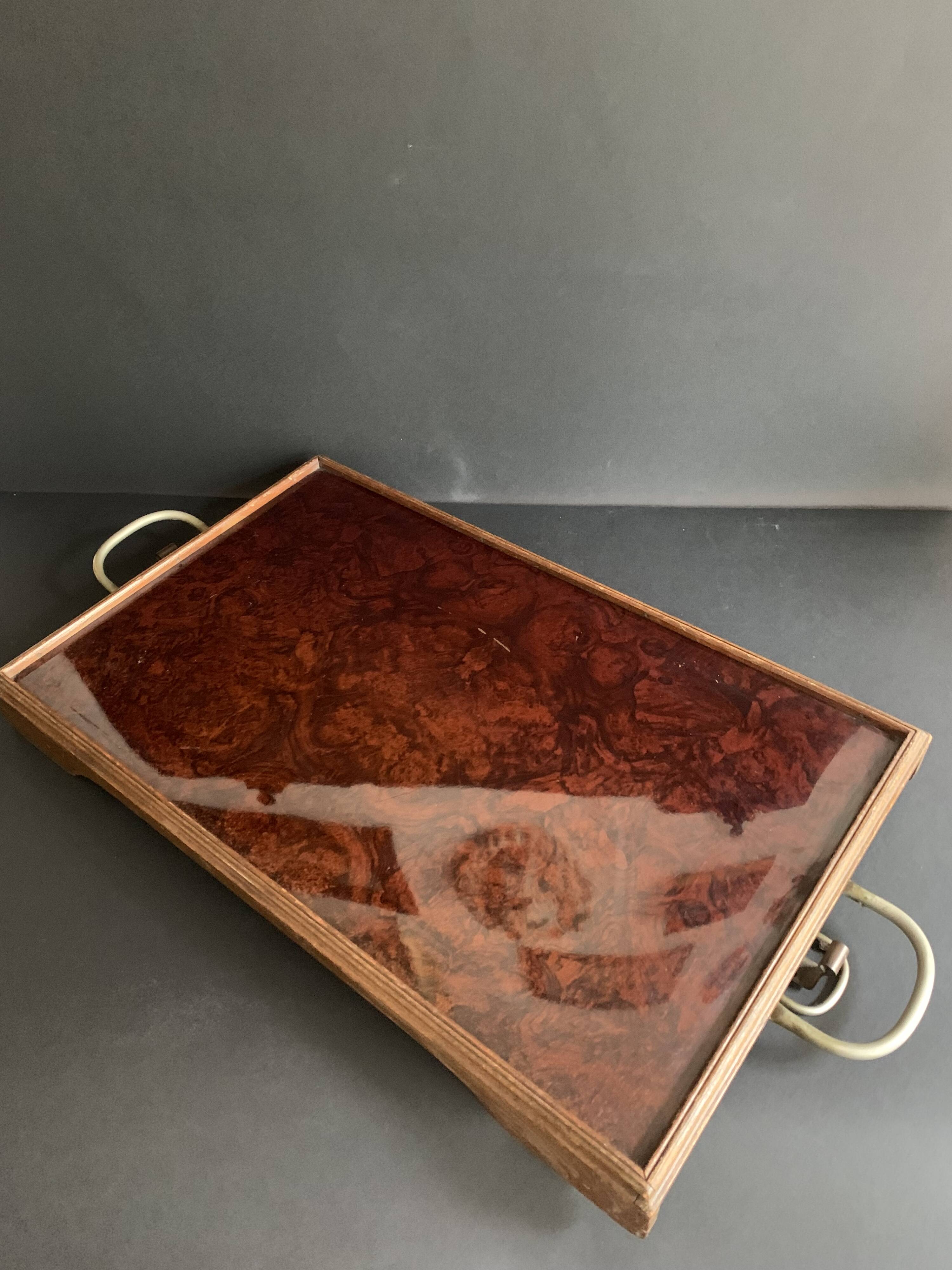 Folding table top in wood and tuya burl, 1930/40, brand "Platotable"