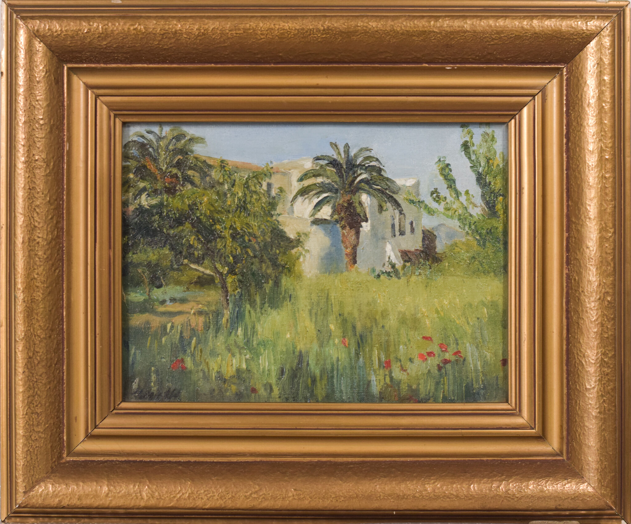 Impressionist oil of villa and palm trees