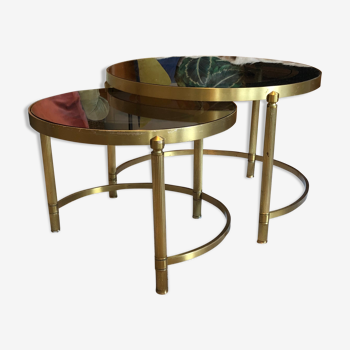 Brass nesting tables, gold smoked glass trays