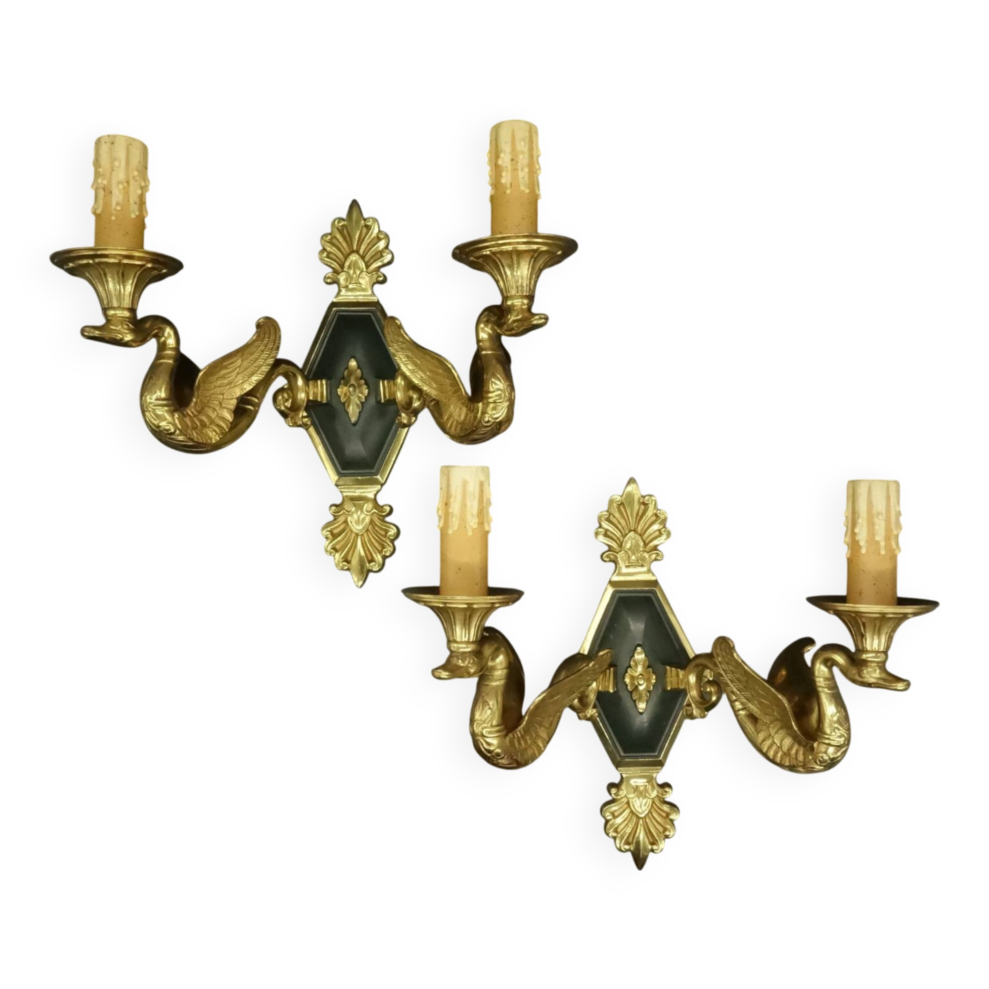 Pair of Empire style swan wall lights from Petitot - bronze & green patina