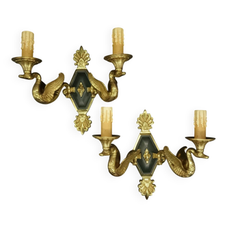 Pair of Empire style swan wall lights from Petitot - bronze & green patina