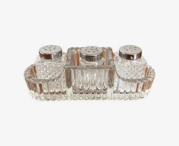Ensemble de salières et poivrières WMF vintage avec support, ensemble de 3 pièces de verre pressé
