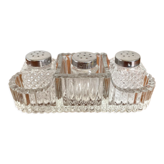 Set of Vintage WMF Salt and Pepper Shakers with Holder, 3-Piece Set of Pressed Glass