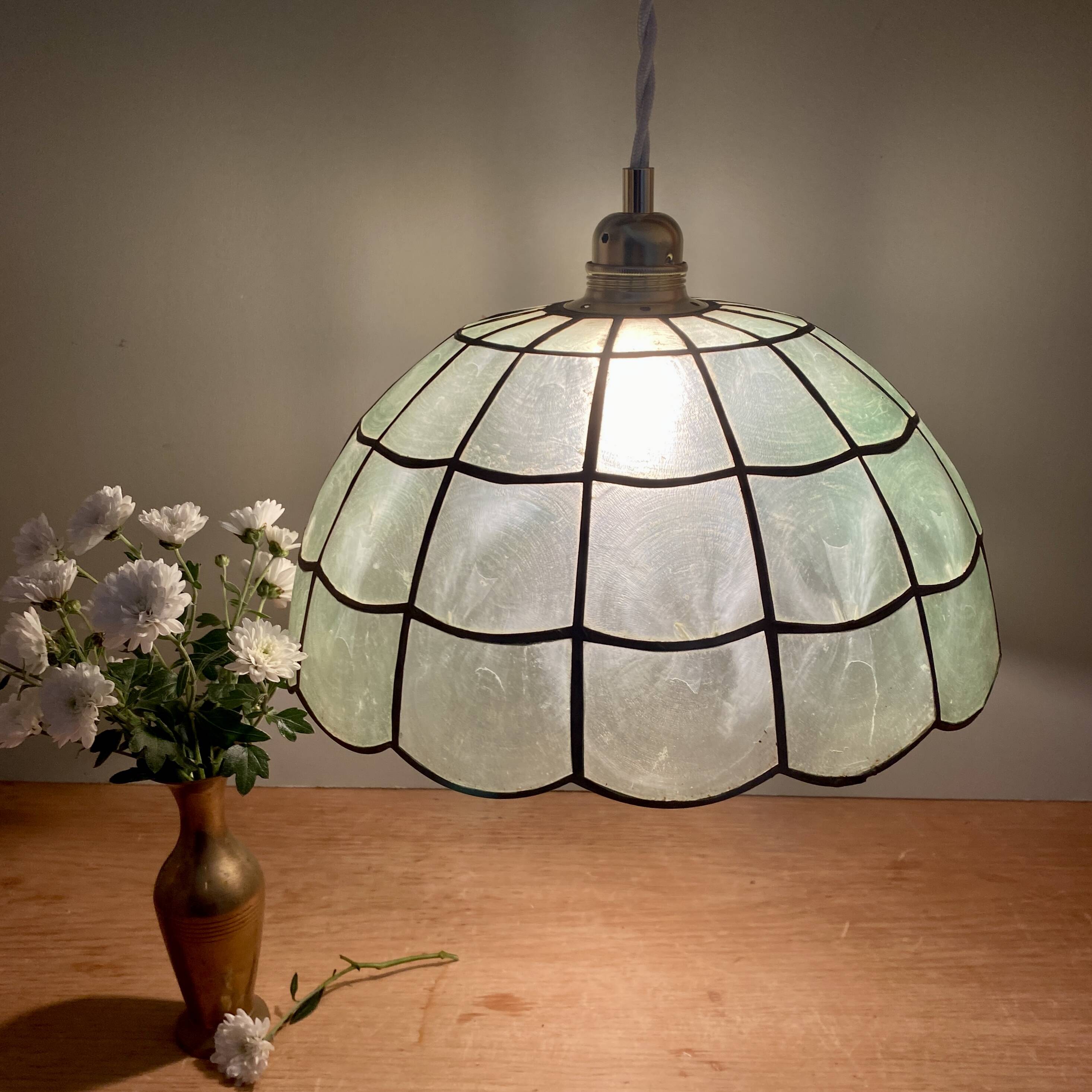 Suspension abat-jour vintage en nacre verte