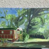 Table, painting on canvas, the caravan unsigned vintage