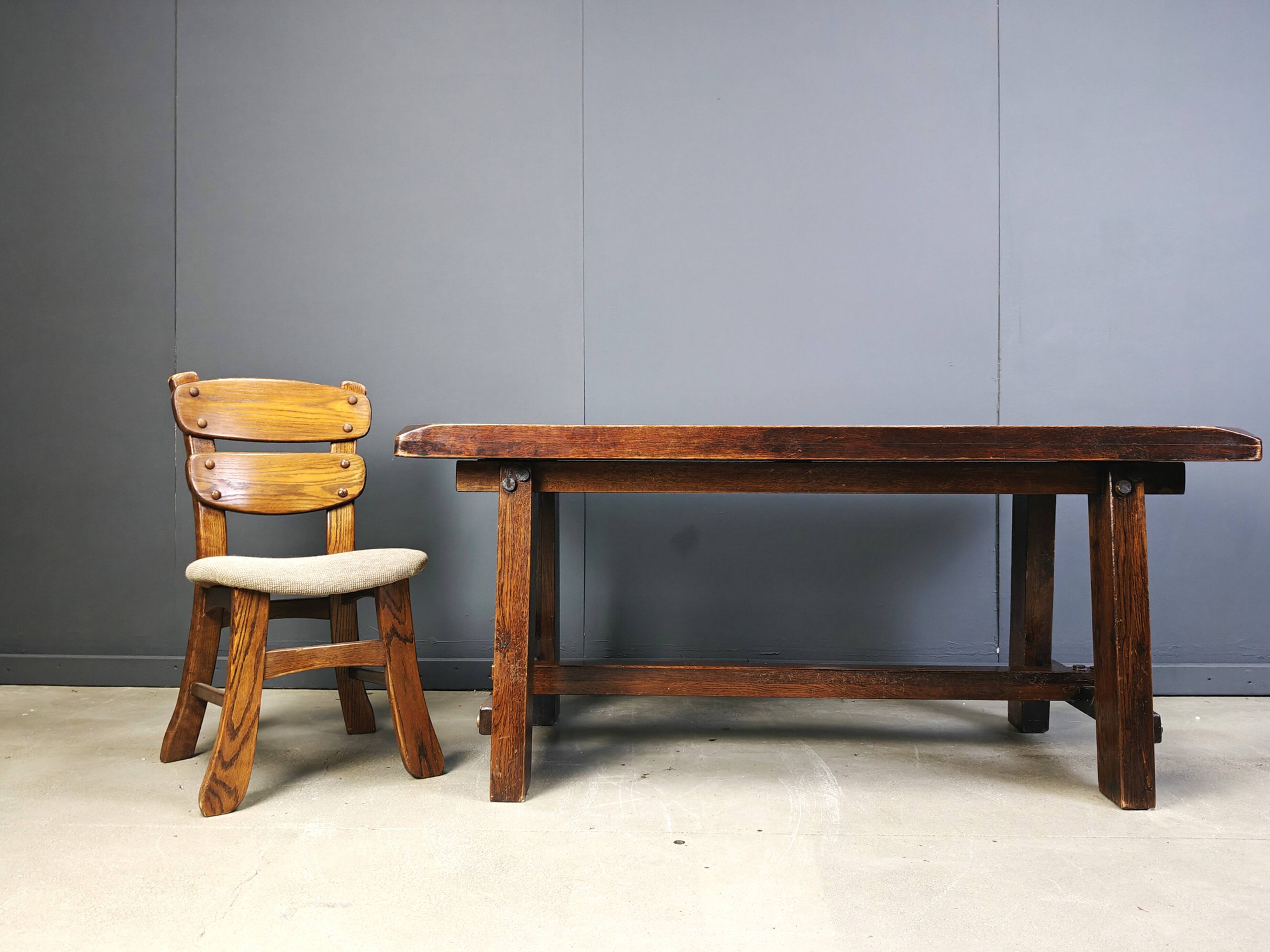 Solid wood brutalist dining table, 1960s