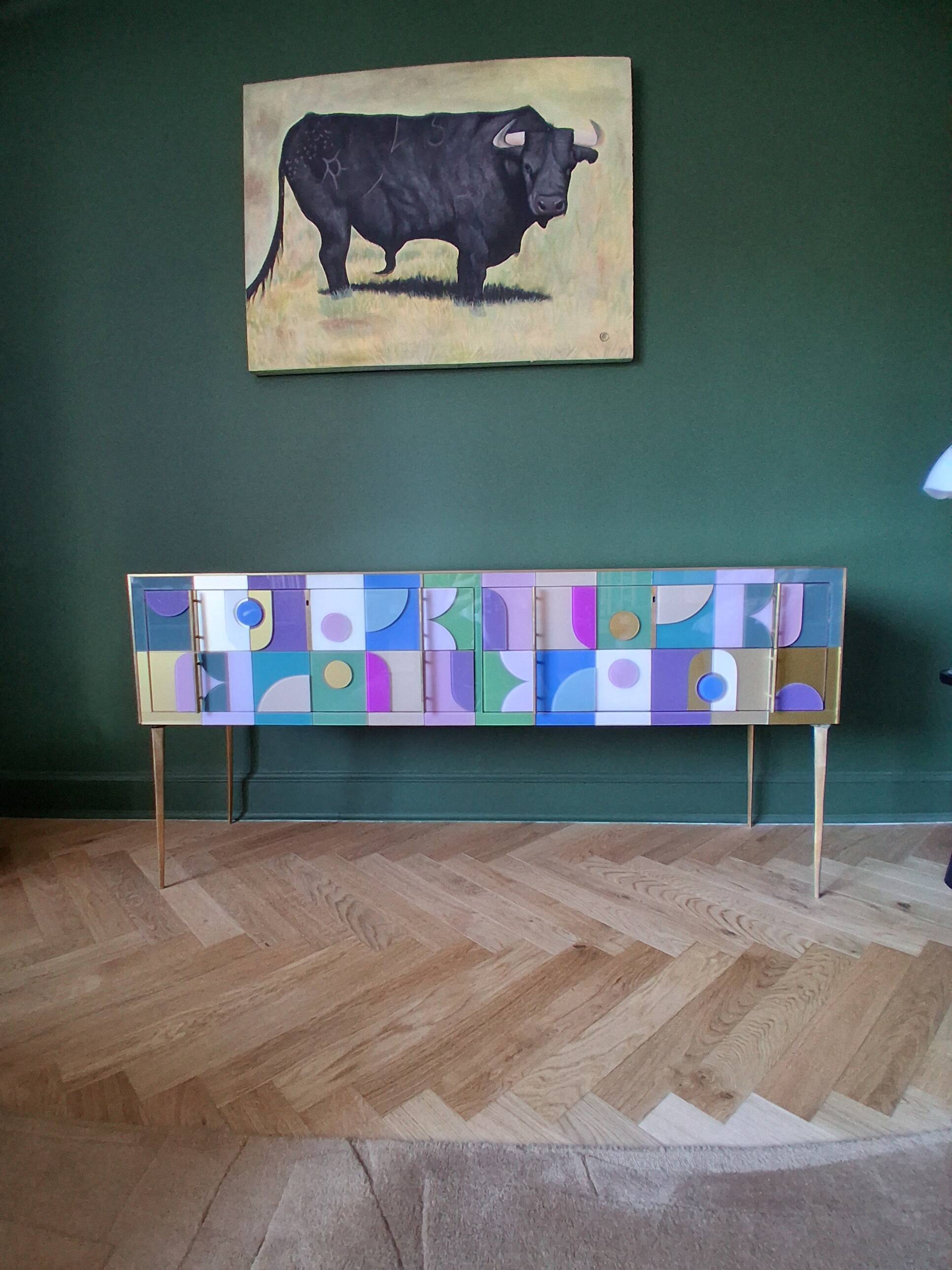 Coloured Murano glass and brass sideboard - 4 drawers