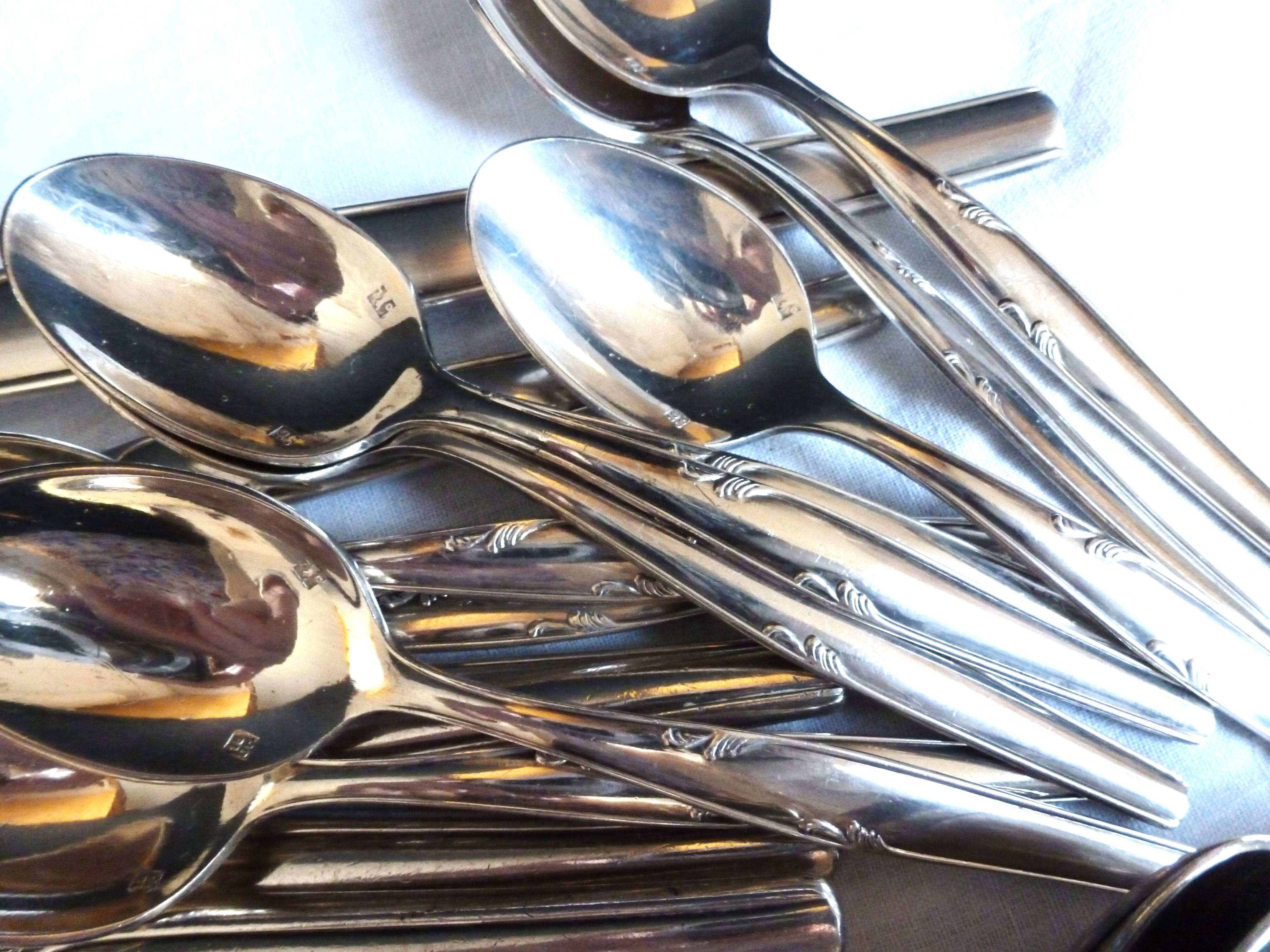 Art Deco silver-plated table cutlery set, silver metal tableware.