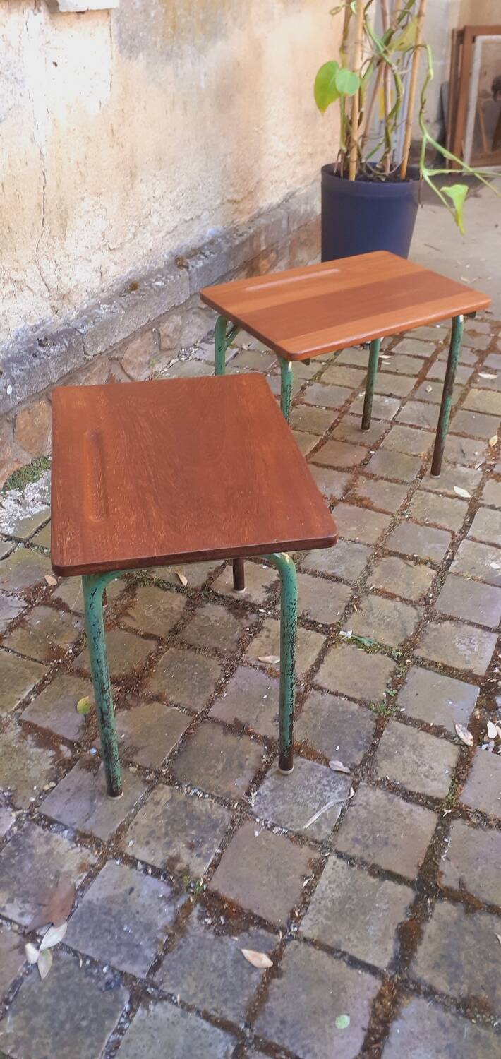 Pair of 1960s tables in tubular metal and solid teak