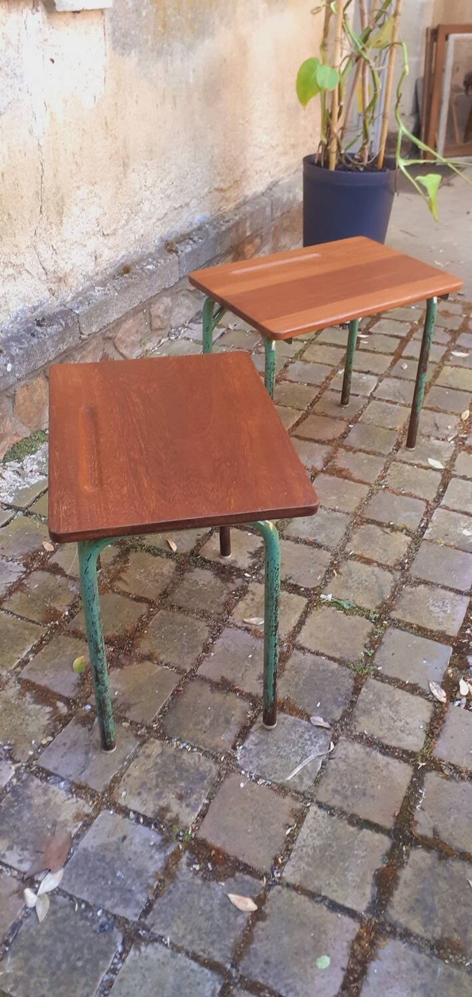 Pair of 1960s tables in tubular metal and solid teak