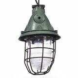 Industrial caged green lamp