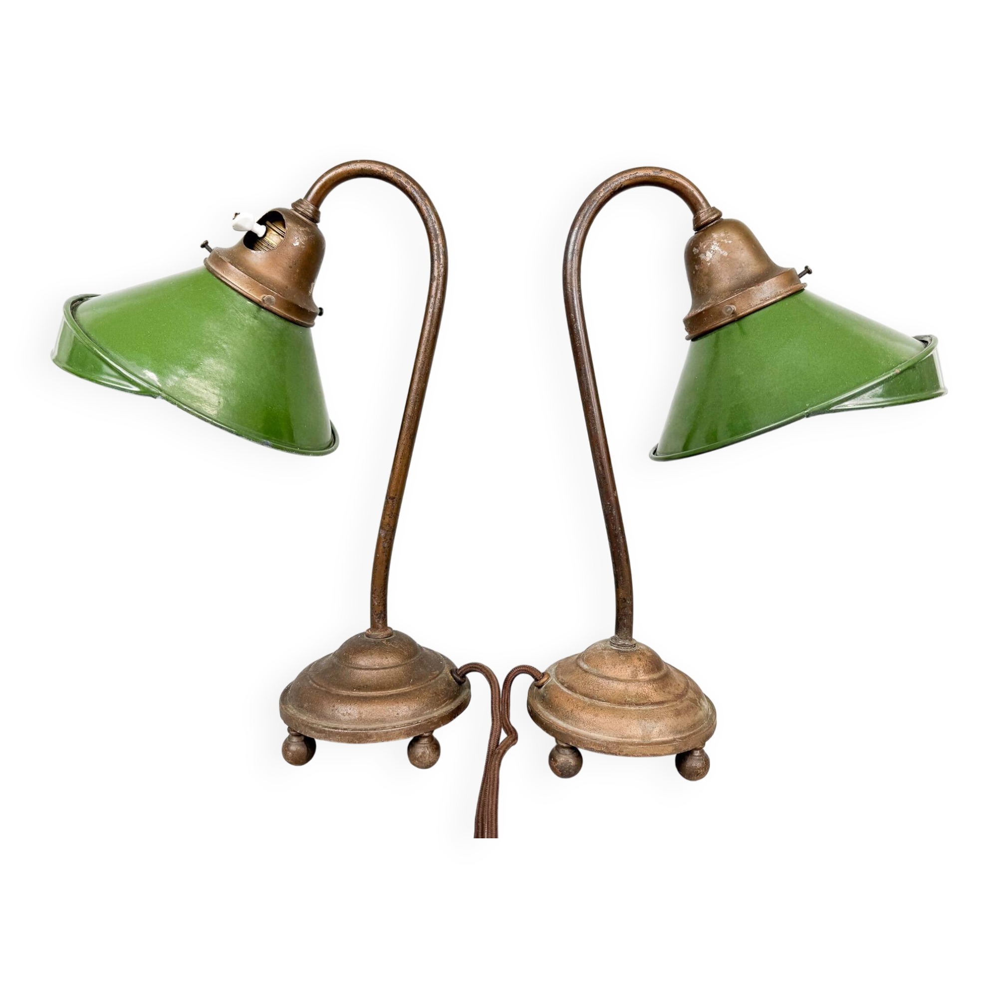 Pair of Unique 1920's Enamel & Cast Iron Desk Lamps, Czechoslovakia