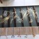 Japanese patterned coffee table, tapered legs and brass, vintage.