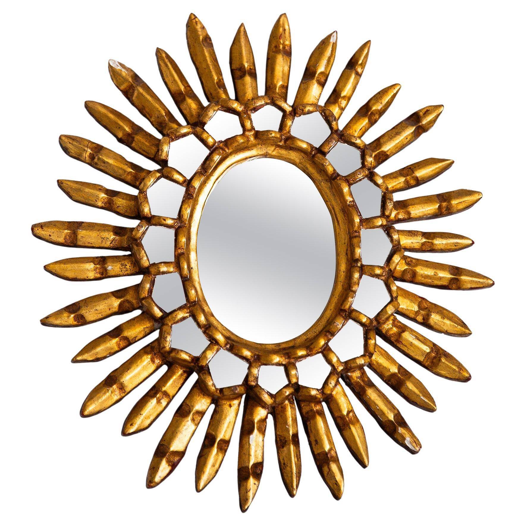 Miroir mural soleil doré italien unique moderne milieu du siècle, bois doré, années 1960