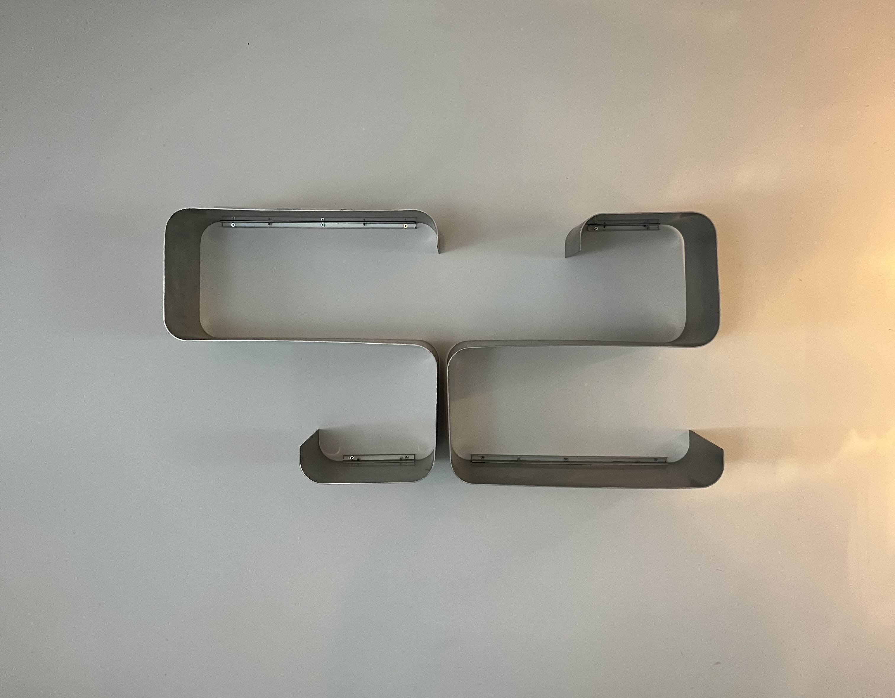 Pair of brushed aluminum shelves, 1970s