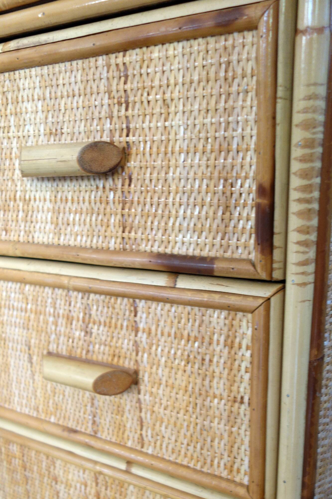 Chest of drawers with 5 wicker and bamboo drawers, 70s/80s.