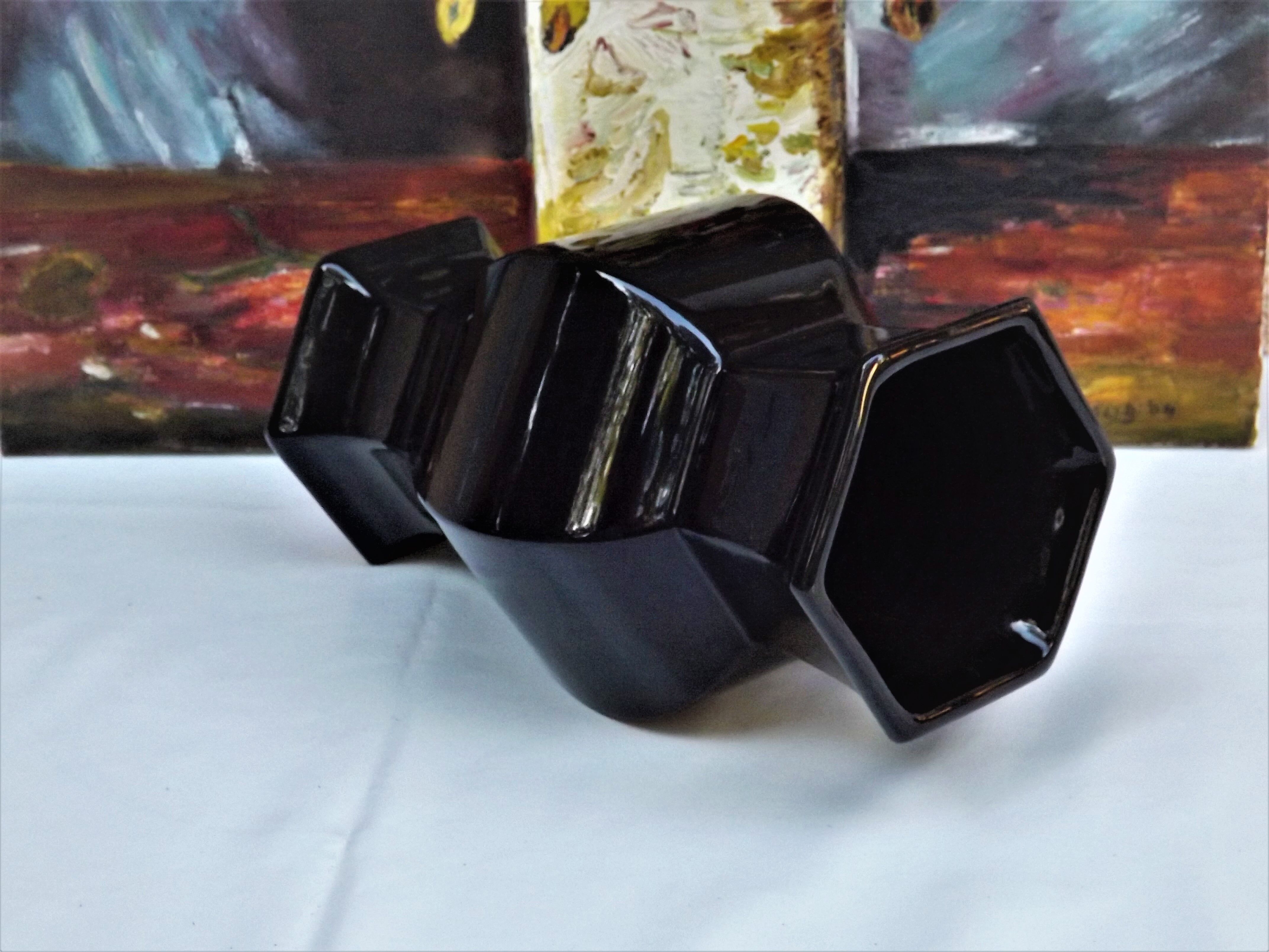 Hexagonal ceramic vase enamelled black France