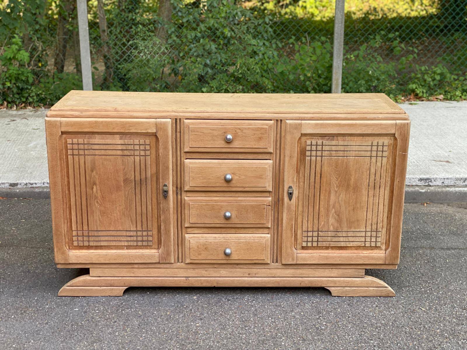 Enfilade Art Deco buffet by Charles Dudouyt, stripped in solid oak, 1930.