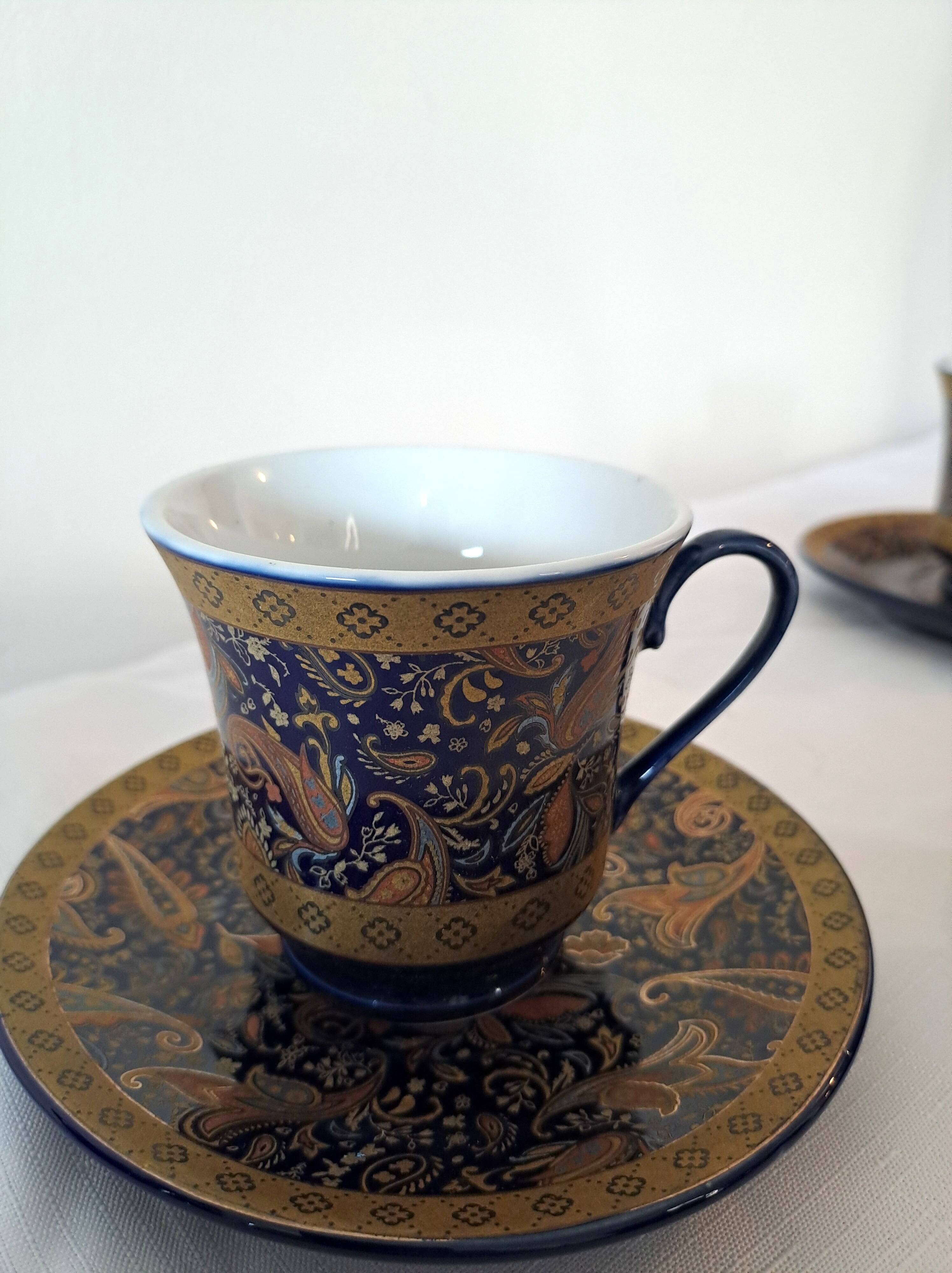 Service à café vintage D&S France – porcelaine bleue et or – 13 pièces