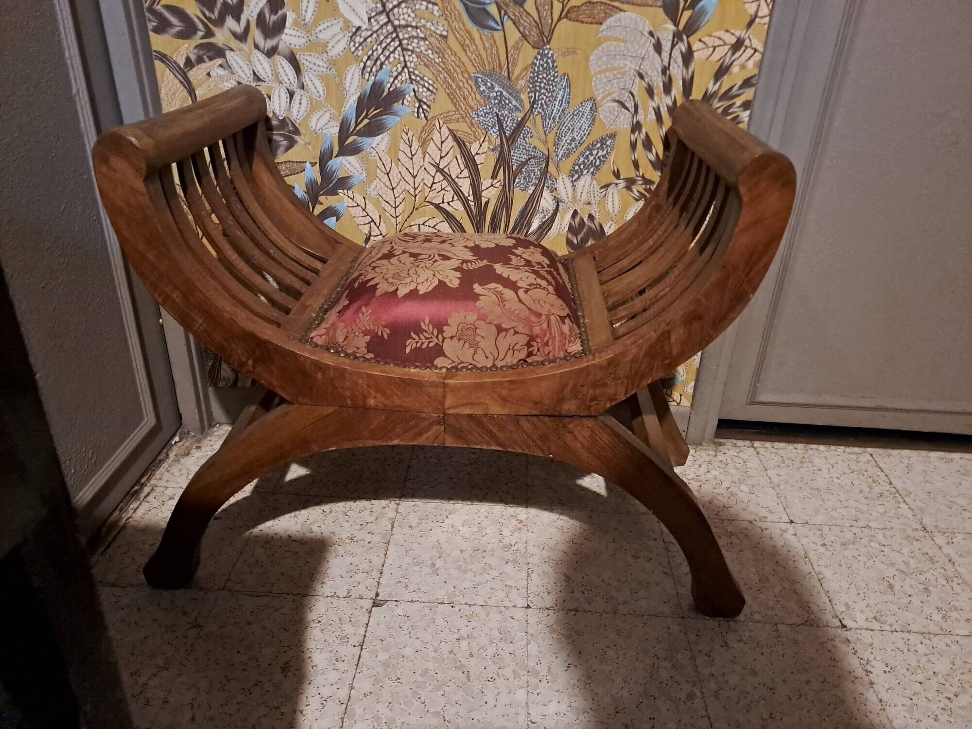 CURULE seat in antique Roman style, restored in teak wood and jacquard satin fabric