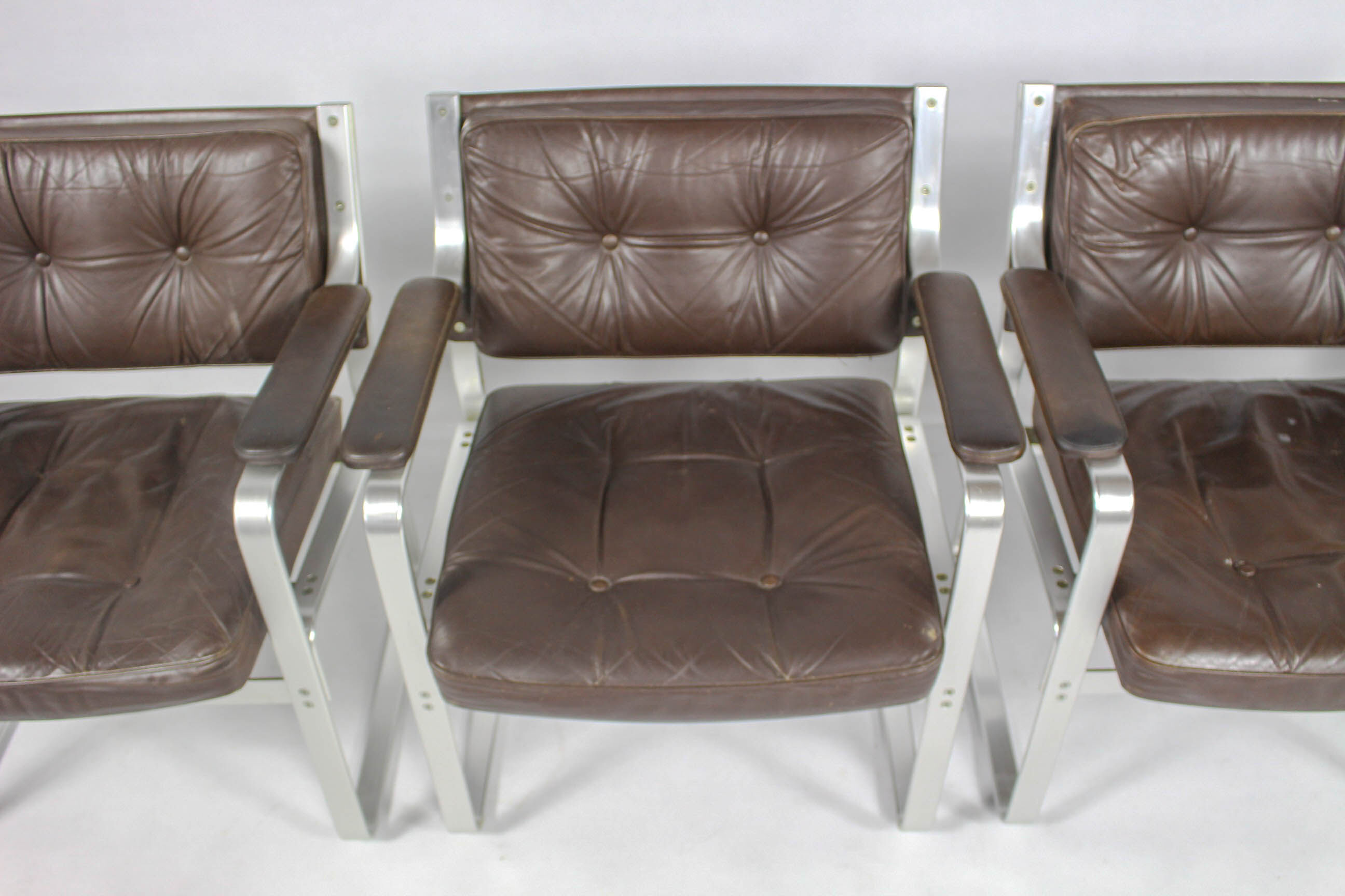 Swedish Mid Century Leather And Aluminum Armchairs By Karl Erik Ekselius For Joc Vetlanda, Set Of 4