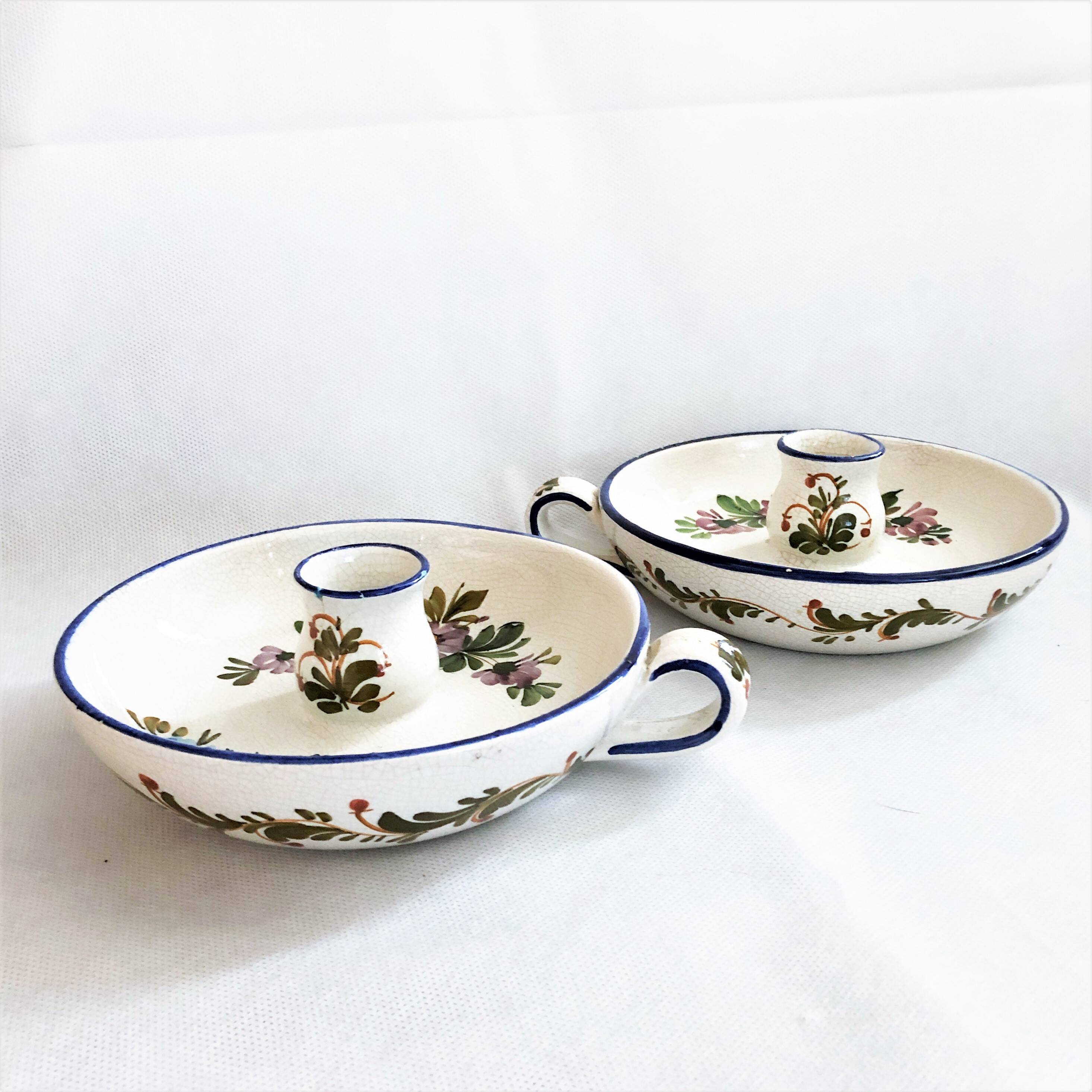 Pair of handmade cracked earthenware hand candlesticks signed Bassano Italy