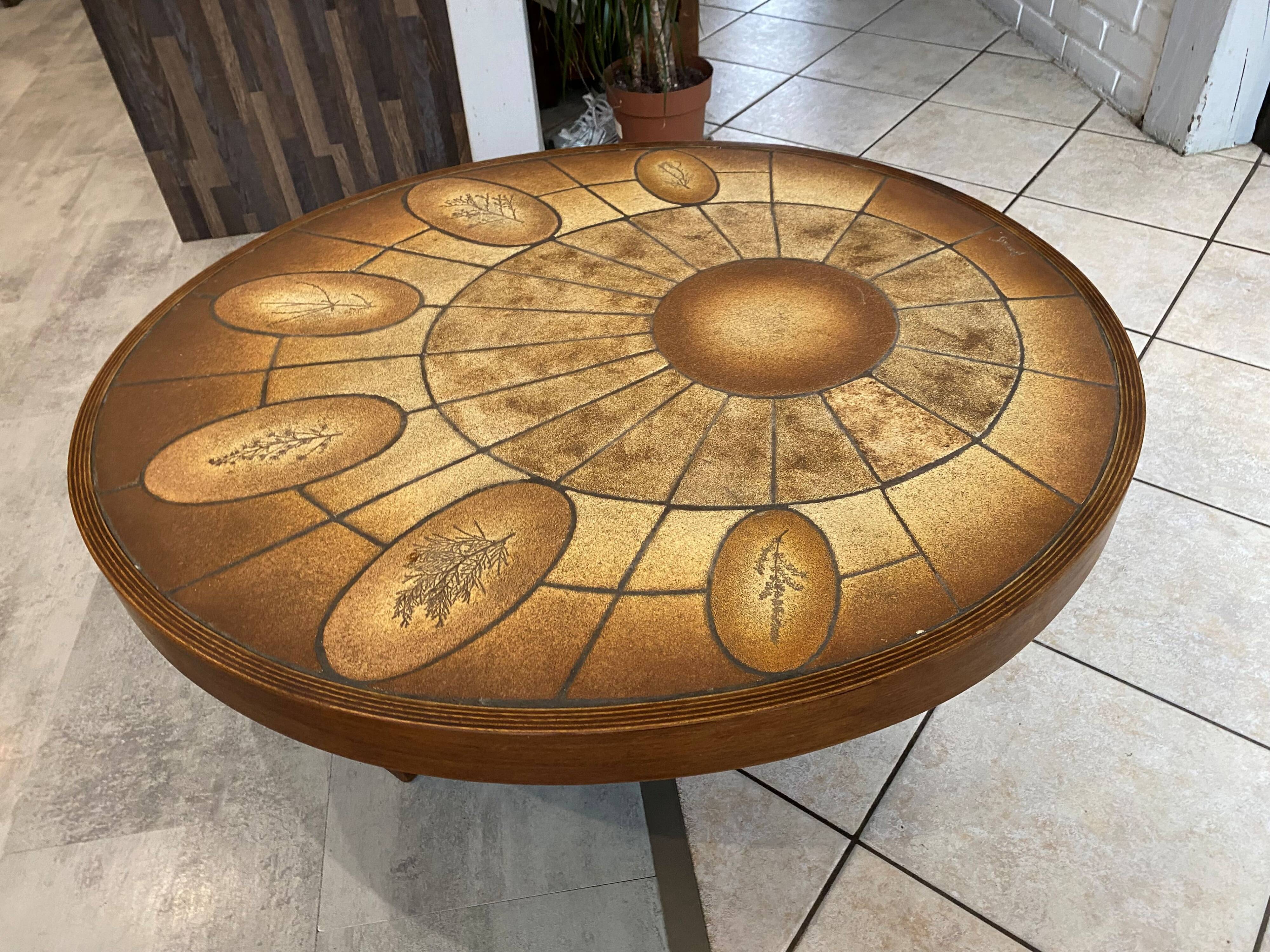 Round oval ceramic coffee table by Barrois Vallauris, 1960, herbarium model