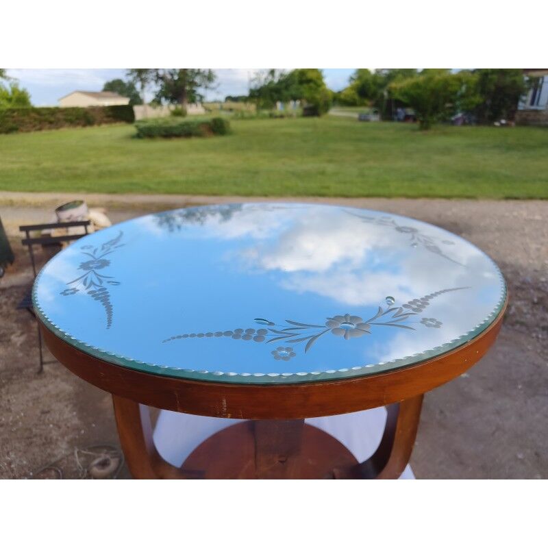 Art Deco walnut table with a mirror top.