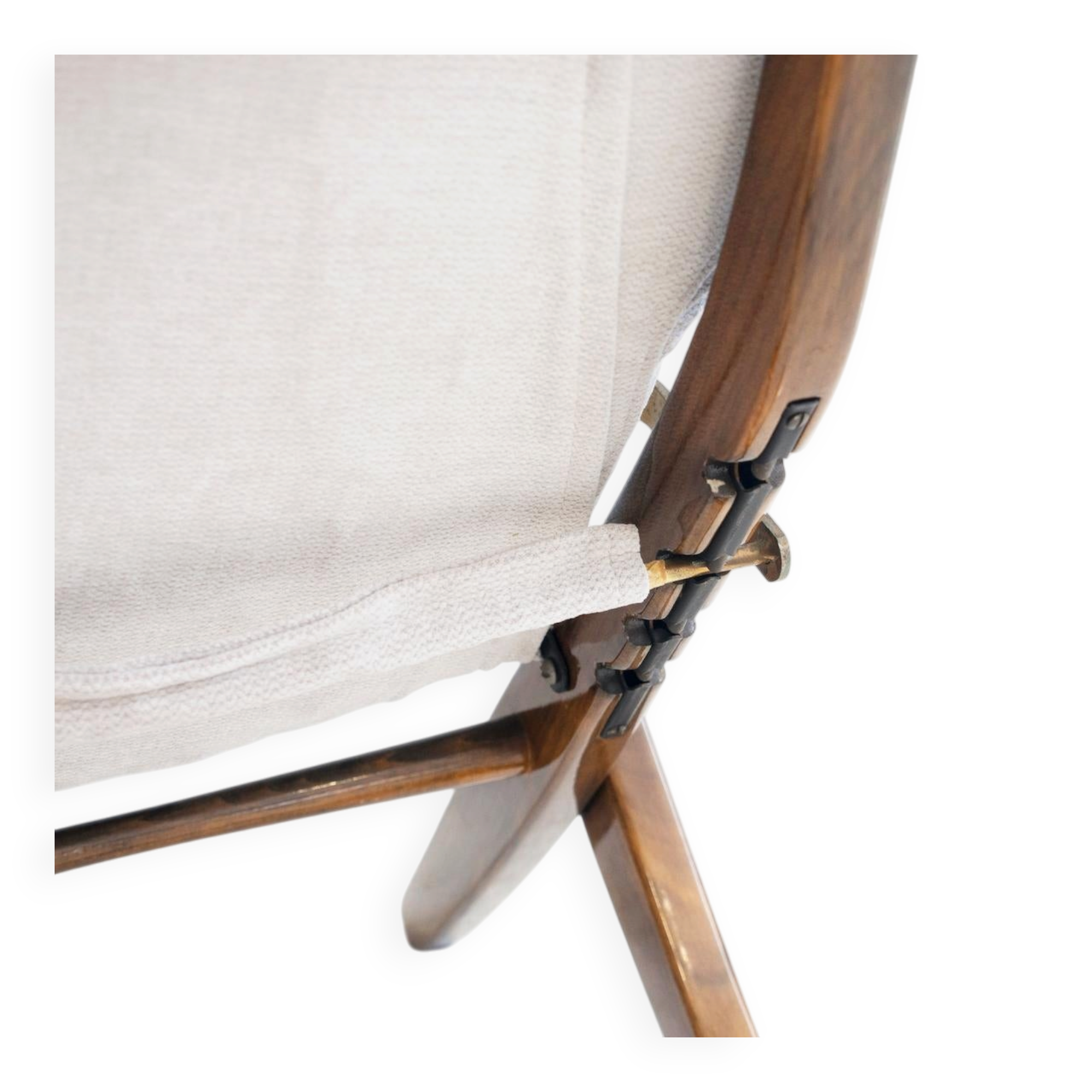 Pair of varnished wooden reclining armchairs, upholstered in lightweight fabric.