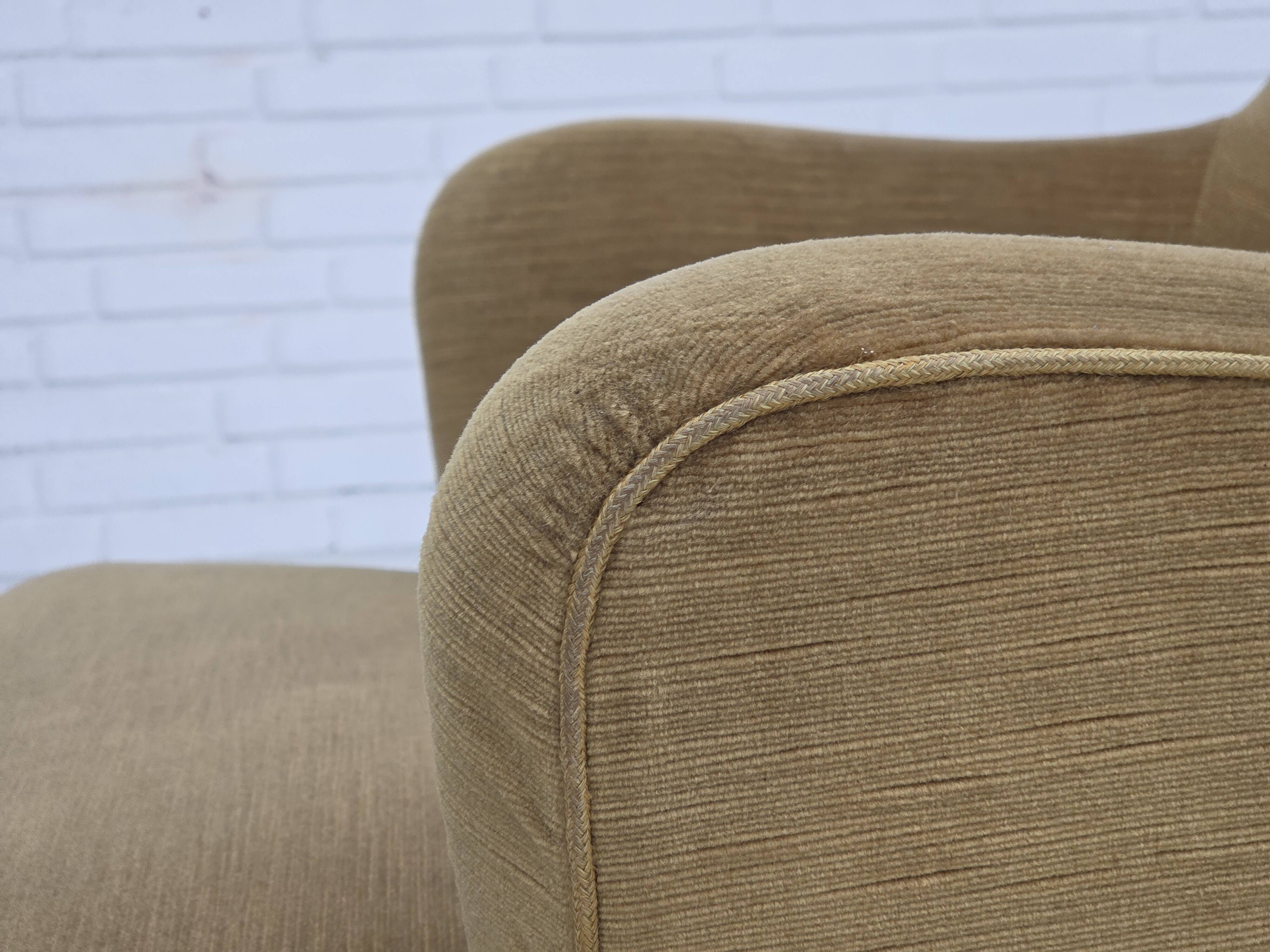 1970s, Danish highback back armchair, light green furniture velour.