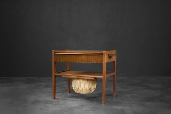 Vintage Mid-Century Danish Modern Teak Thread Side Table with Wicker Basket